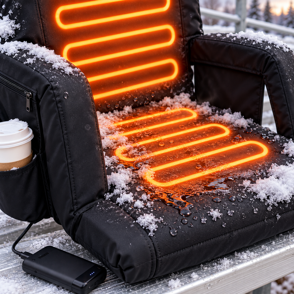 🔥🪑 360° Surround Heated Stadium Chair – 3 Heat Levels, 20,000mAh Battery & Foldable Portable Design ❄️