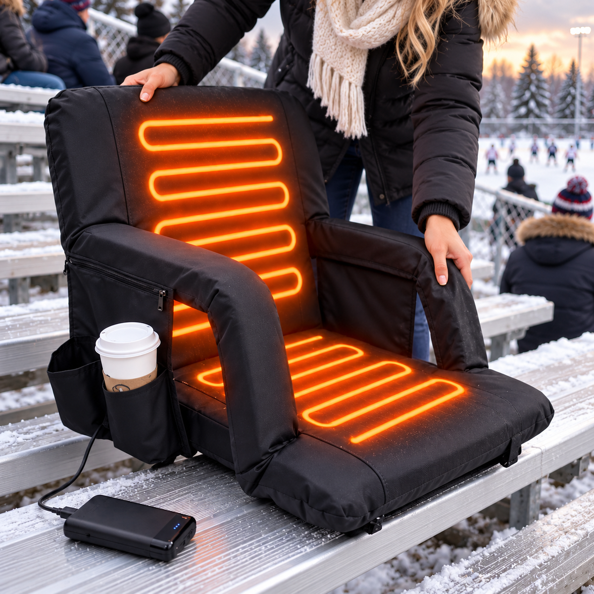 🔥🪑 360° Surround Heated Stadium Chair – 3 Heat Levels, 20,000mAh Battery & Foldable Portable Design ❄️