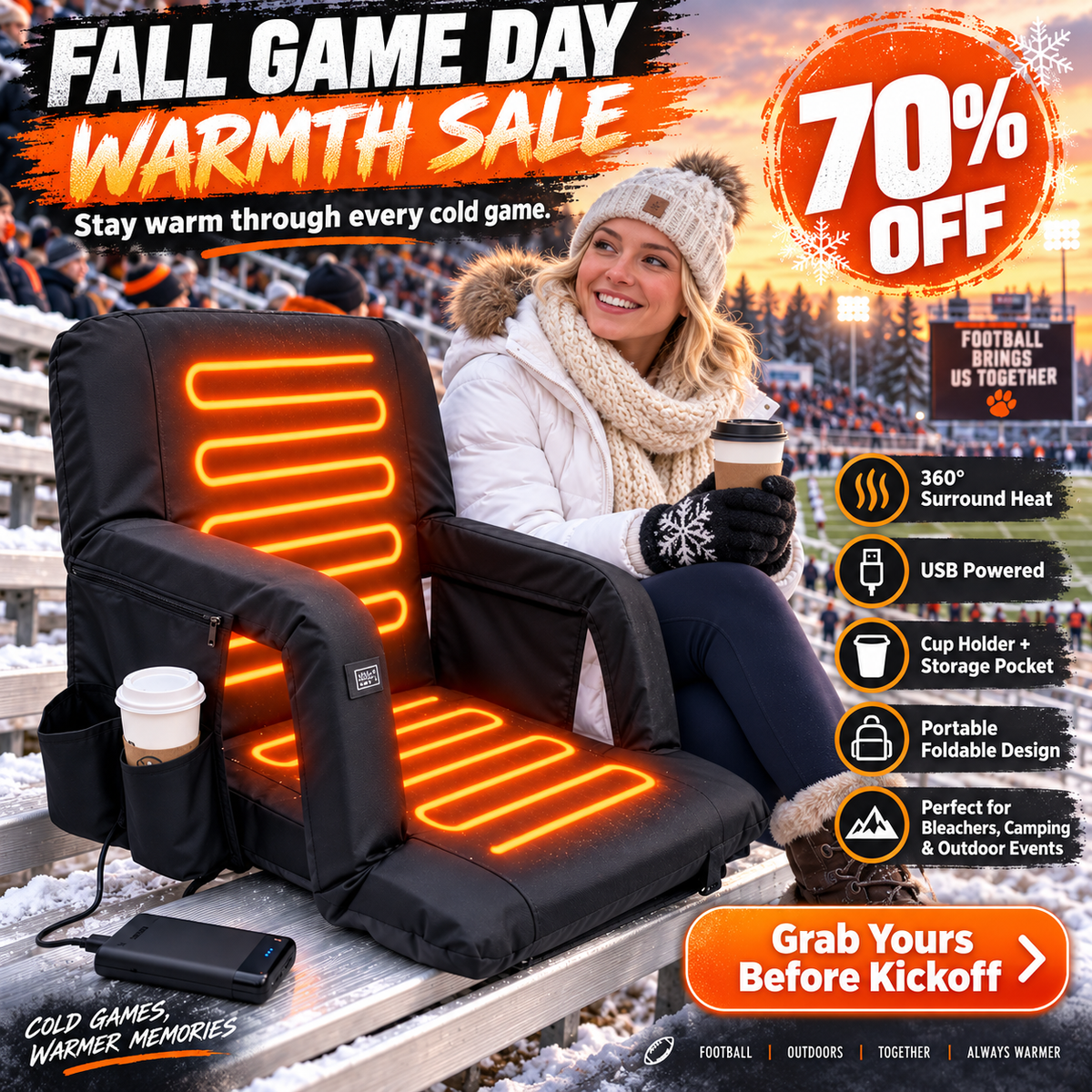 🔥🪑 360° Surround Heated Stadium Chair – 3 Heat Levels, 20,000mAh Battery & Foldable Portable Design ❄️