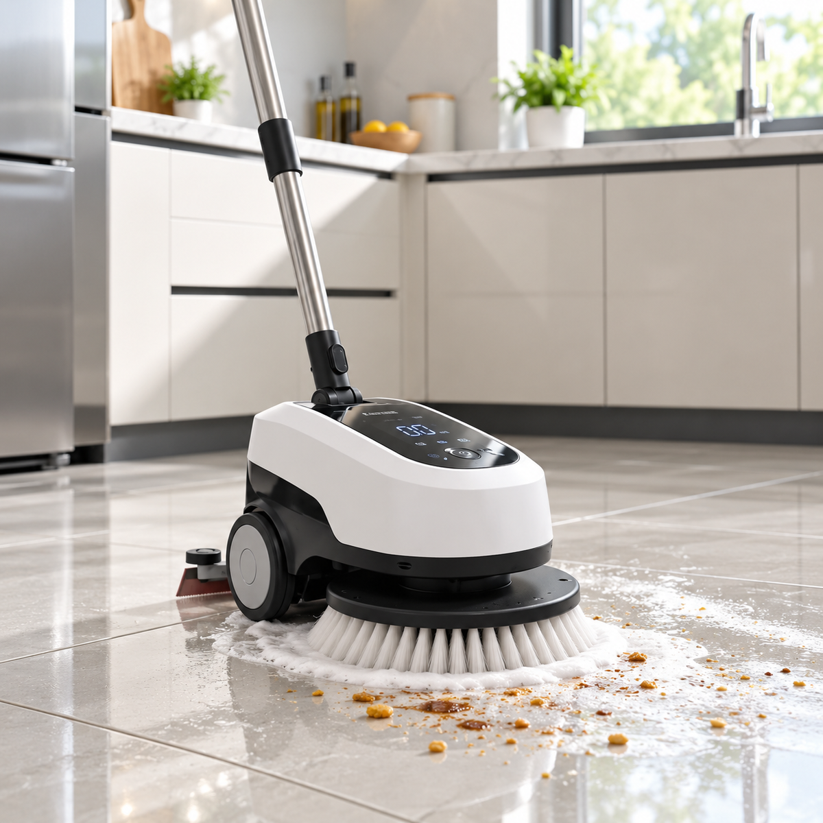 🌀🧹 3-in-1 Electric Floor Scrubber – Rotating Brush, Wet-Dry Suction & Rear Squeegee with Interchangeable Mop Head ✨