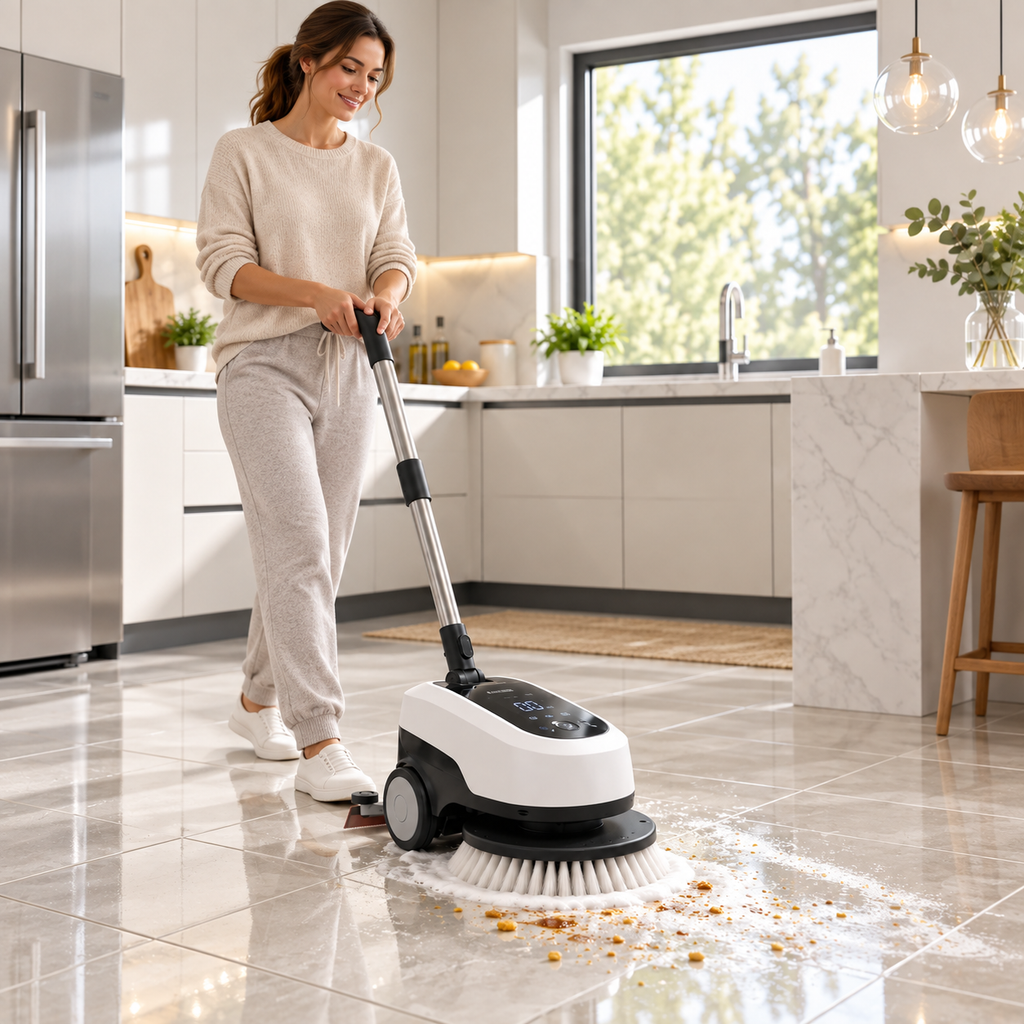 🌀🧹 3-in-1 Electric Floor Scrubber – Rotating Brush, Wet-Dry Suction & Rear Squeegee with Interchangeable Mop Head ✨