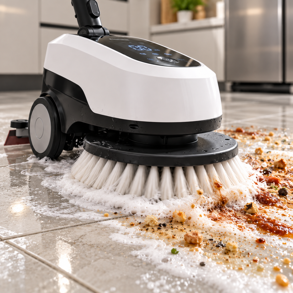 🌀🧹 3-in-1 Electric Floor Scrubber – Rotating Brush, Wet-Dry Suction & Rear Squeegee with Interchangeable Mop Head ✨