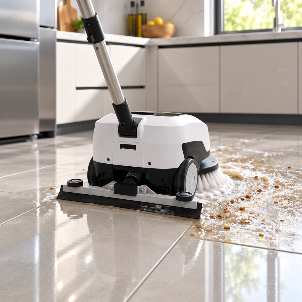 🌀🧹 3-in-1 Electric Floor Scrubber – Rotating Brush, Wet-Dry Suction & Rear Squeegee with Interchangeable Mop Head ✨