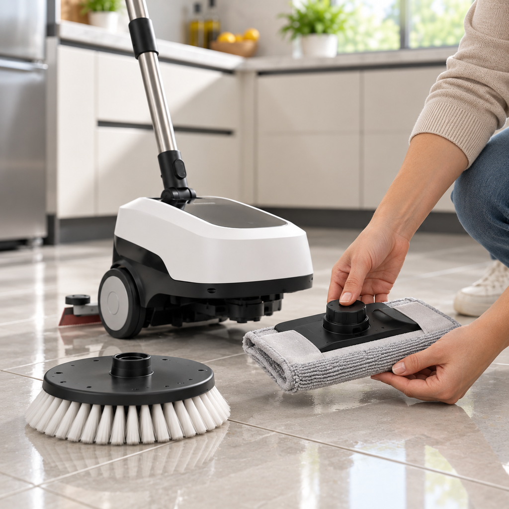 🌀🧹 3-in-1 Electric Floor Scrubber – Rotating Brush, Wet-Dry Suction & Rear Squeegee with Interchangeable Mop Head ✨