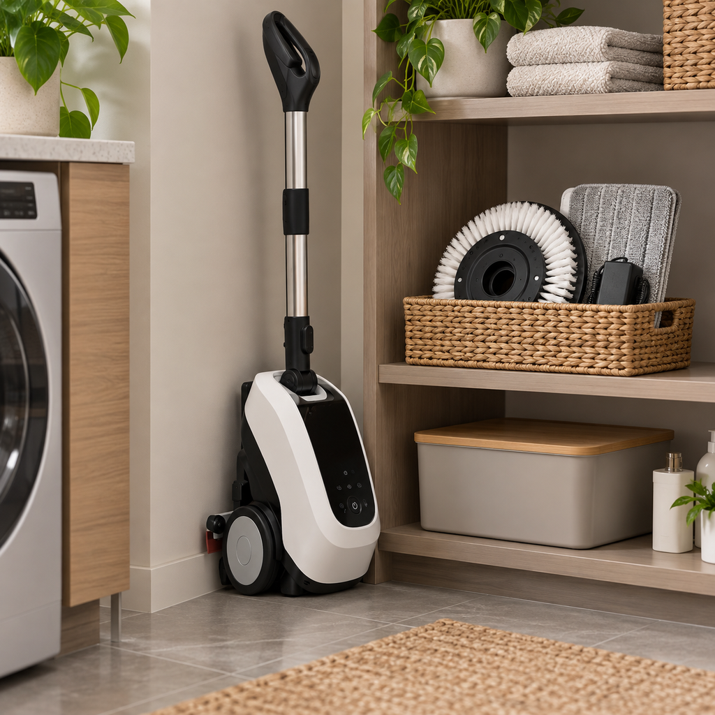 🌀🧹 3-in-1 Electric Floor Scrubber – Rotating Brush, Wet-Dry Suction & Rear Squeegee with Interchangeable Mop Head ✨