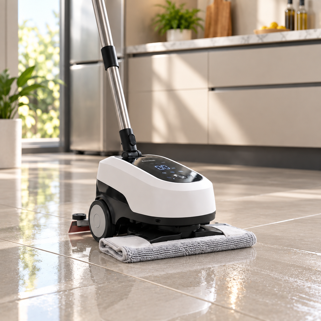 🌀🧹 3-in-1 Electric Floor Scrubber – Rotating Brush, Wet-Dry Suction & Rear Squeegee with Interchangeable Mop Head ✨