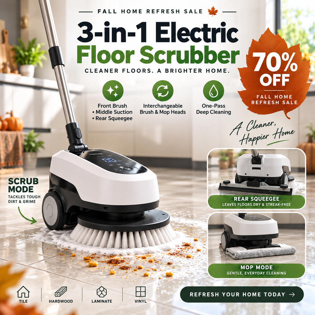 🌀🧹 3-in-1 Electric Floor Scrubber – Rotating Brush, Wet-Dry Suction & Rear Squeegee with Interchangeable Mop Head ✨