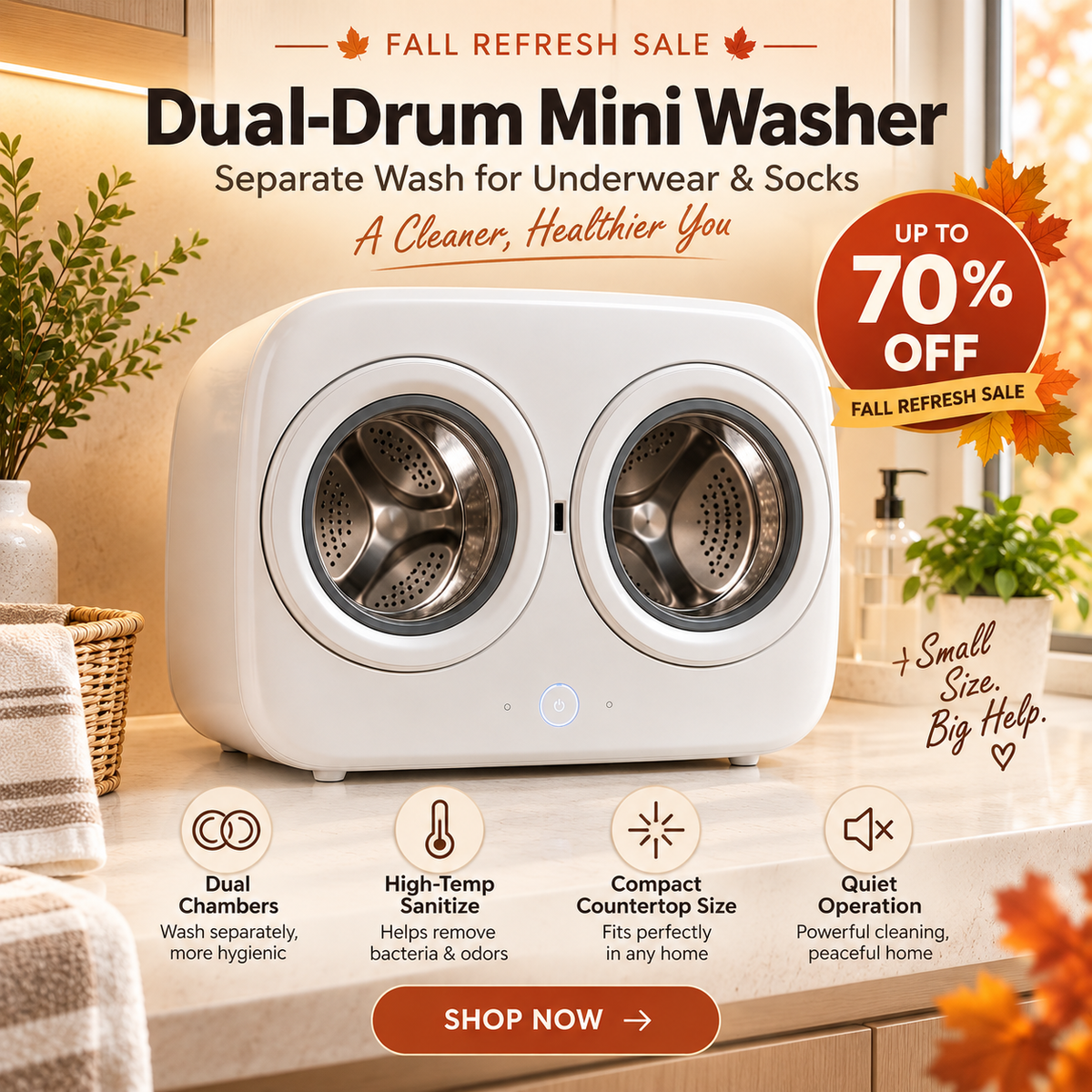 🧺✨ Smart Dual-Drum Mini Washer – Separate Wash for Underwear & Socks with High-Temperature Hygiene Care 👙🧦