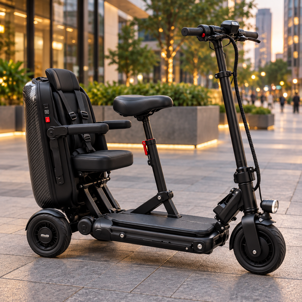 🛴🧳 2-Seat Foldable Electric Travel Scooter – Adult Seat + Rear Passenger Seat, Removable Battery & Suitcase-Style Fold ✨