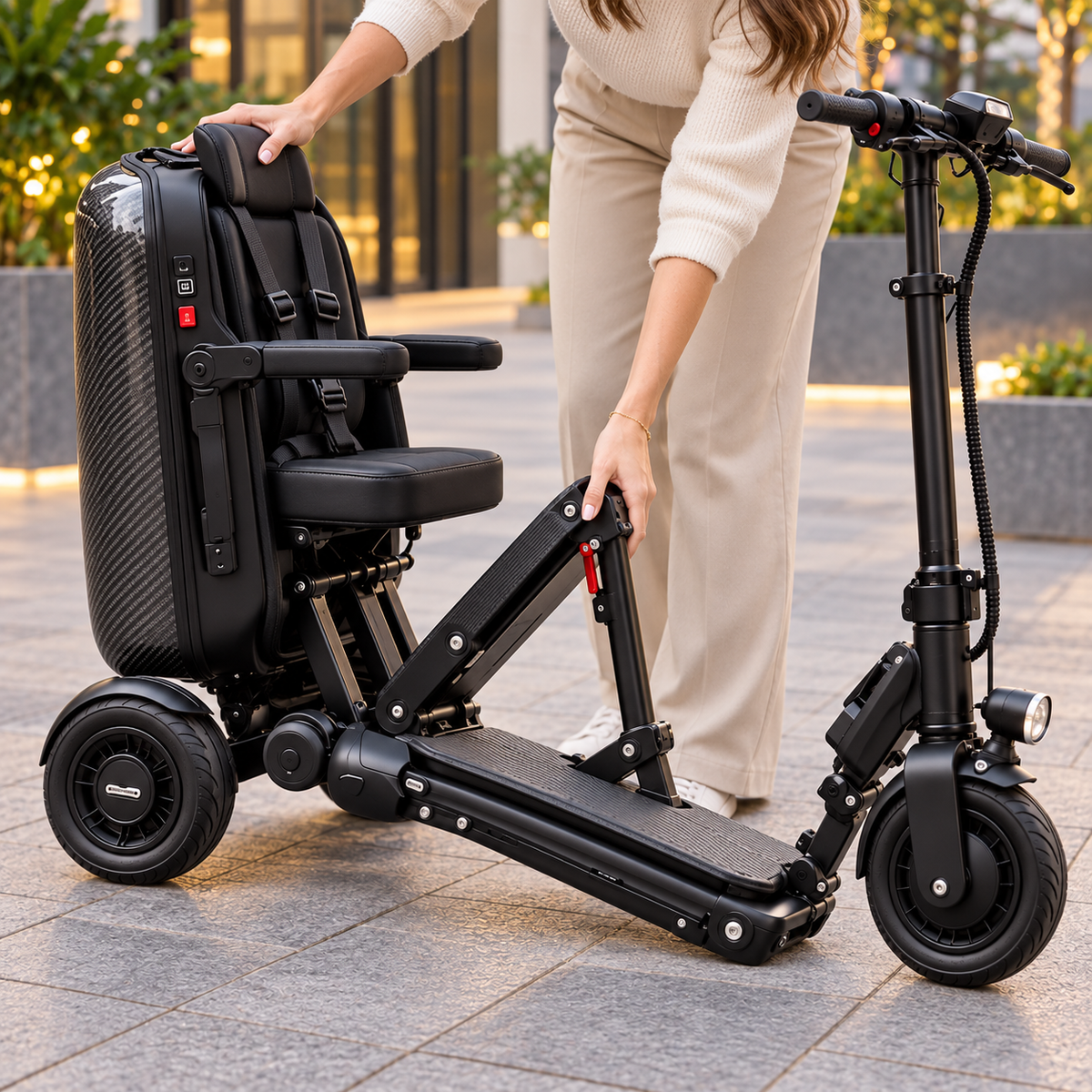 🛴🧳 2-Seat Foldable Electric Travel Scooter – Adult Seat + Rear Passenger Seat, Removable Battery & Suitcase-Style Fold ✨