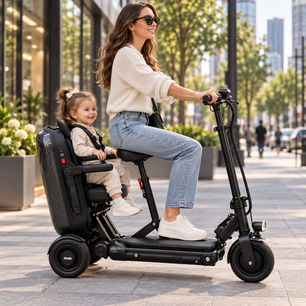 🛴🧳 2-Seat Foldable Electric Travel Scooter – Adult Seat + Rear Passenger Seat, Removable Battery & Suitcase-Style Fold ✨