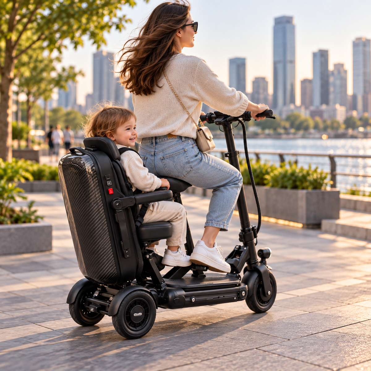 🛴🧳 2-Seat Foldable Electric Travel Scooter – Adult Seat + Rear Passenger Seat, Removable Battery & Suitcase-Style Fold ✨