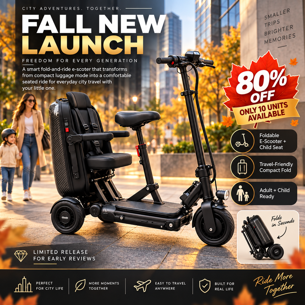 🛴🧳 2-Seat Foldable Electric Travel Scooter – Adult Seat + Rear Passenger Seat, Removable Battery & Suitcase-Style Fold ✨