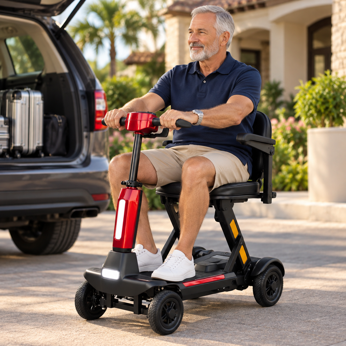 ♿🪶 Ultra-Light Carbon-Fiber Auto-Folding Mobility Scooter – Remote Fold, 4-Wheel Stability & Removable Battery 🚙✨