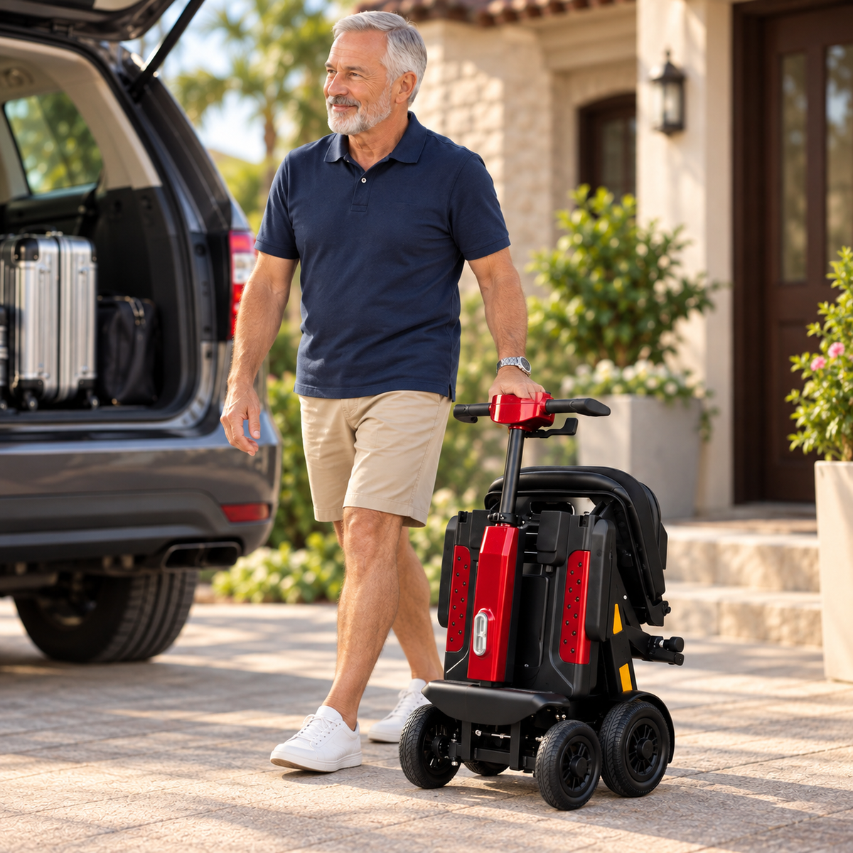 ♿🪶 Ultra-Light Carbon-Fiber Auto-Folding Mobility Scooter – Remote Fold, 4-Wheel Stability & Removable Battery 🚙✨