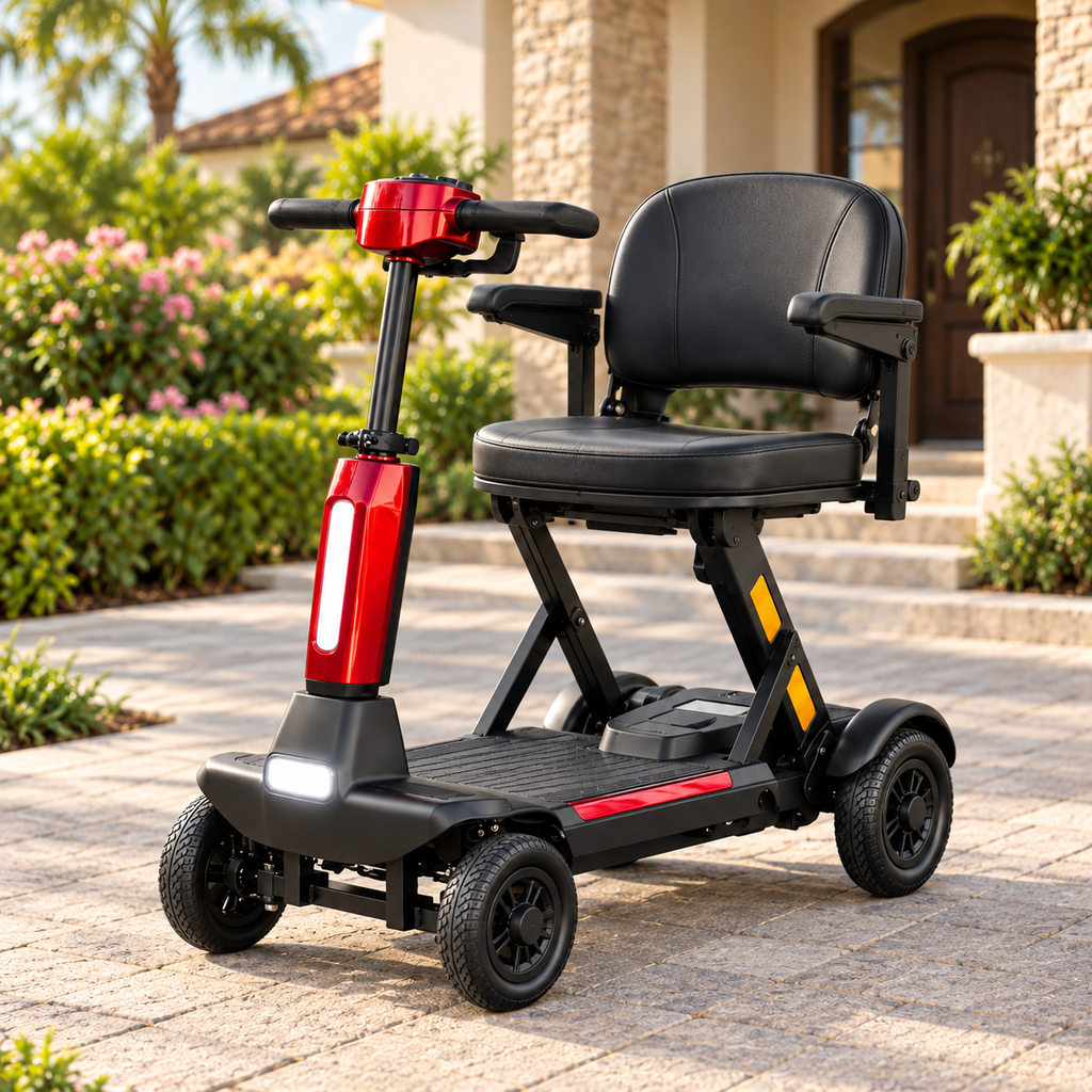 ♿🪶 Ultra-Light Carbon-Fiber Auto-Folding Mobility Scooter – Remote Fold, 4-Wheel Stability & Removable Battery 🚙✨