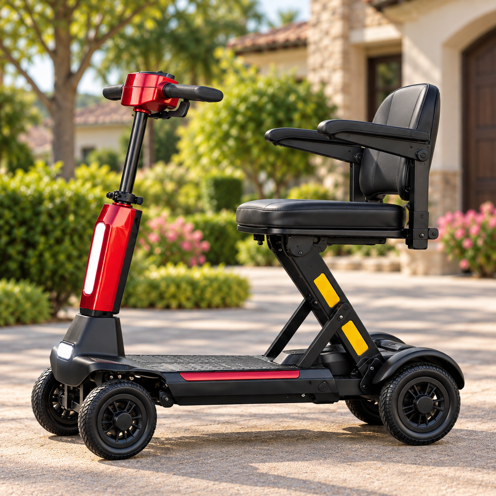 ♿🪶 Ultra-Light Carbon-Fiber Auto-Folding Mobility Scooter – Remote Fold, 4-Wheel Stability & Removable Battery 🚙✨