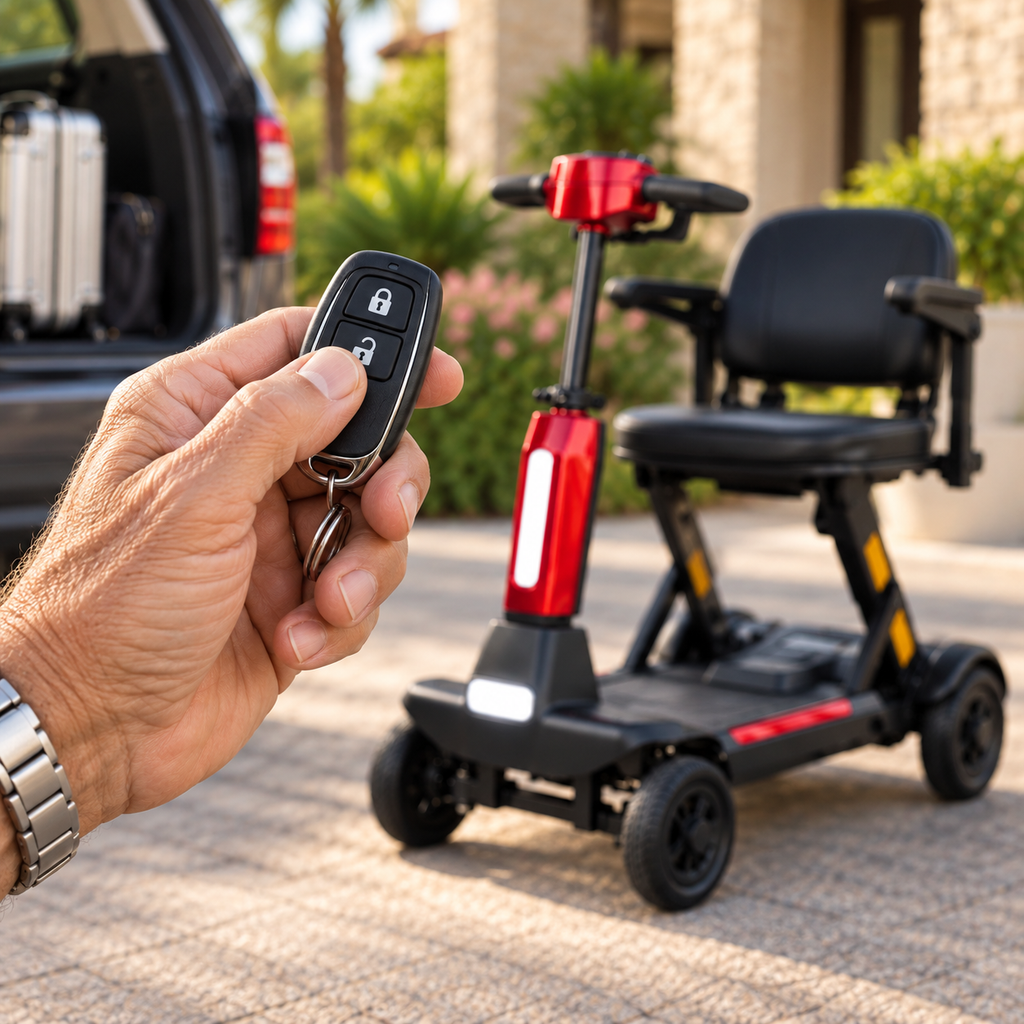 ♿🪶 Ultra-Light Carbon-Fiber Auto-Folding Mobility Scooter – Remote Fold, 4-Wheel Stability & Removable Battery 🚙✨