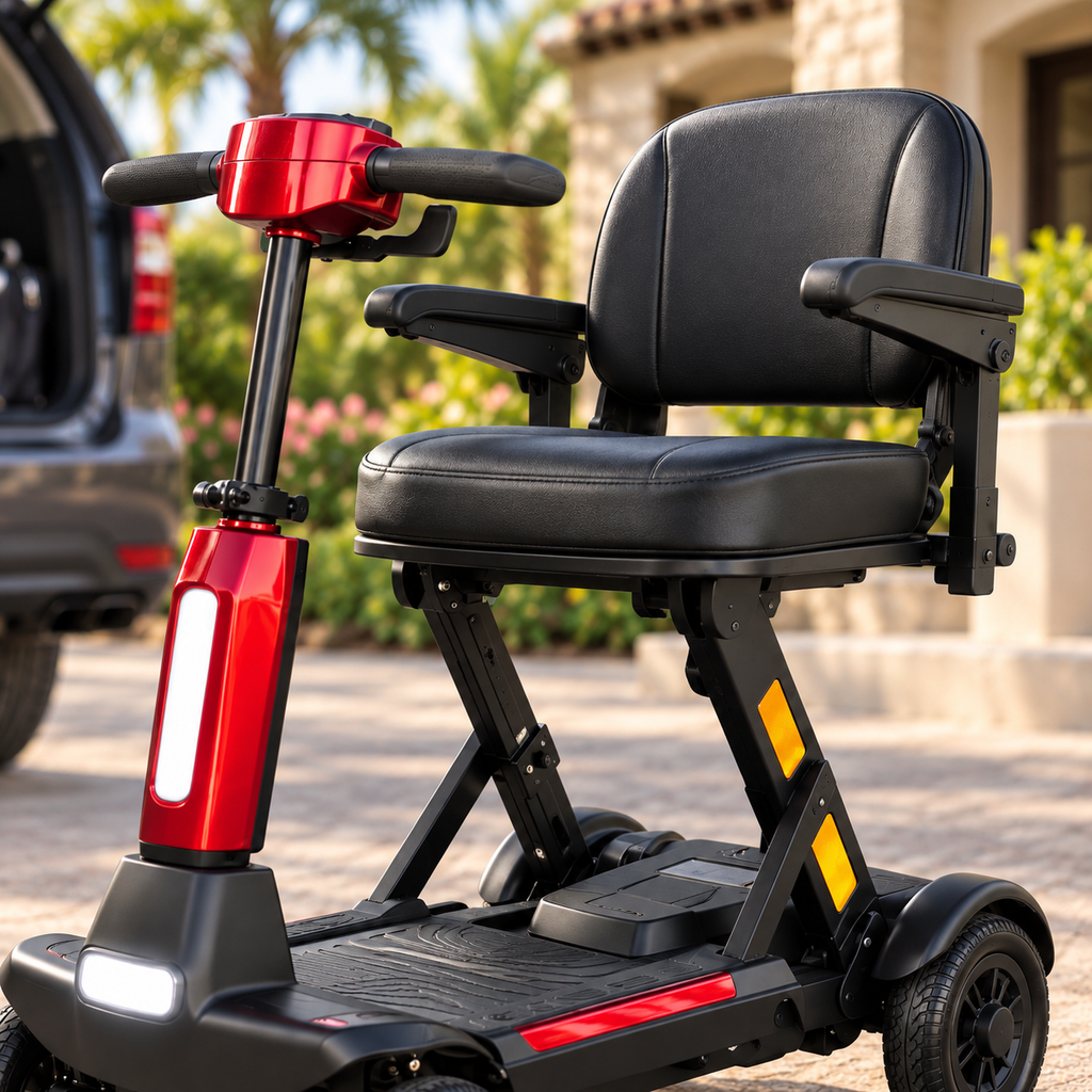 ♿🪶 Ultra-Light Carbon-Fiber Auto-Folding Mobility Scooter – Remote Fold, 4-Wheel Stability & Removable Battery 🚙✨