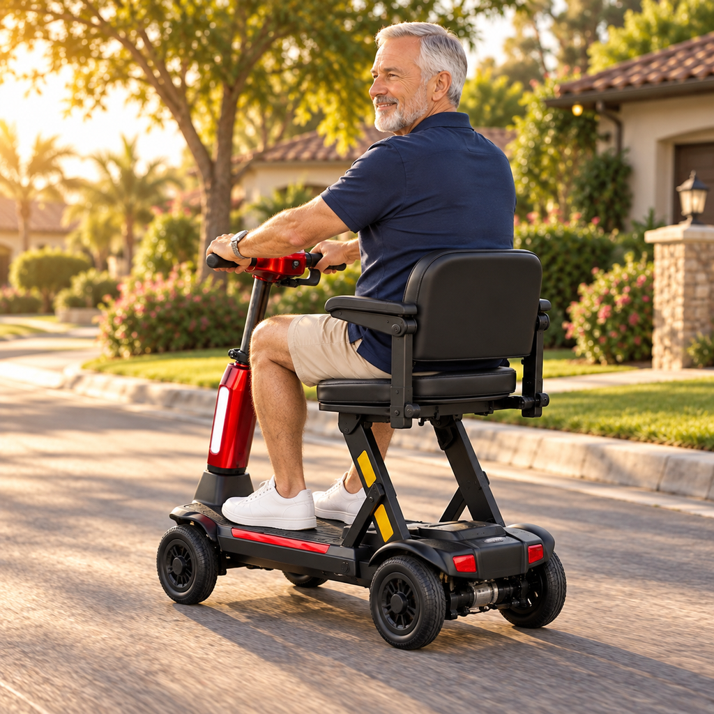 ♿🪶 Ultra-Light Carbon-Fiber Auto-Folding Mobility Scooter – Remote Fold, 4-Wheel Stability & Removable Battery 🚙✨