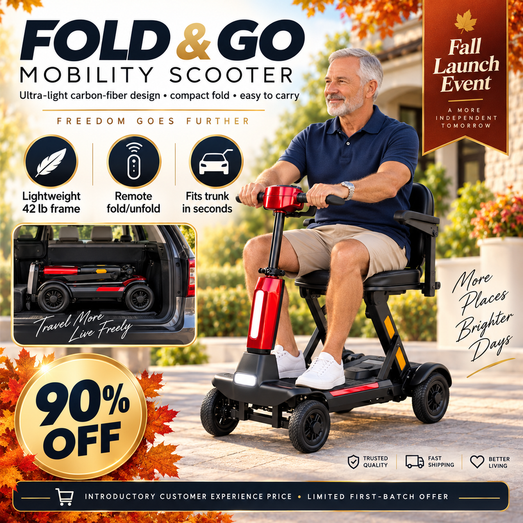 ♿🪶 Ultra-Light Carbon-Fiber Auto-Folding Mobility Scooter – Remote Fold, 4-Wheel Stability & Removable Battery 🚙✨