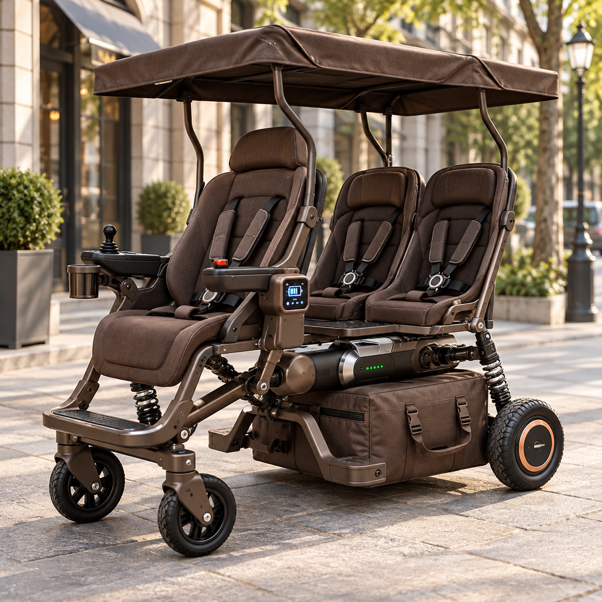 👨‍👧‍👦⚡ 3-Seat Foldable Family Electric Stroller – 1 Adult Driver + 2 Rear Child Seats, Canopy & Electric Assist 🧳
