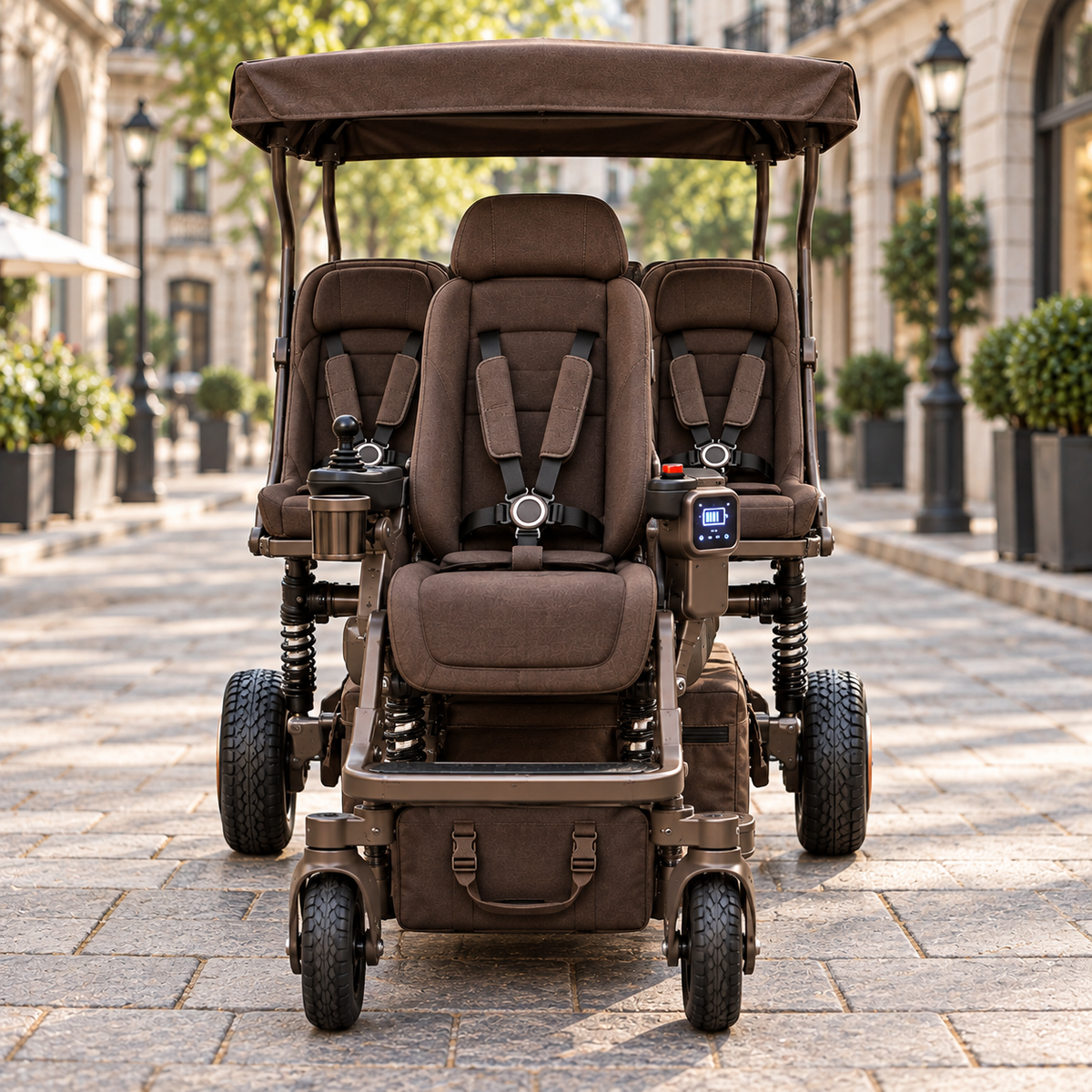 👨‍👧‍👦⚡ 3-Seat Foldable Family Electric Stroller – 1 Adult Driver + 2 Rear Child Seats, Canopy & Electric Assist 🧳