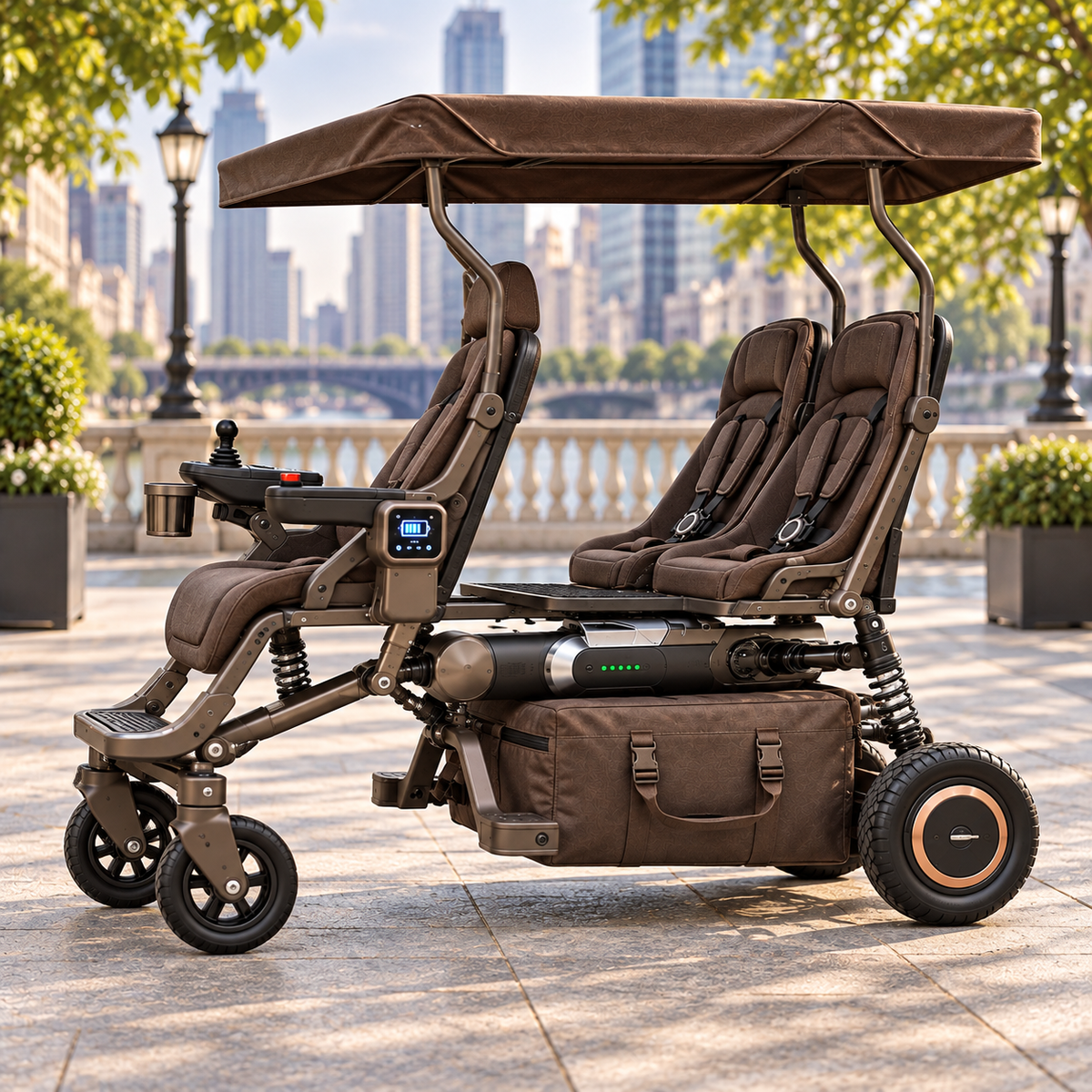 👨‍👧‍👦⚡ 3-Seat Foldable Family Electric Stroller – 1 Adult Driver + 2 Rear Child Seats, Canopy & Electric Assist 🧳