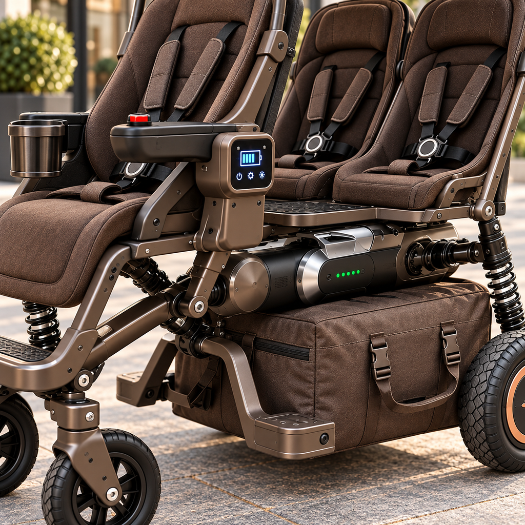 👨‍👧‍👦⚡ 3-Seat Foldable Family Electric Stroller – 1 Adult Driver + 2 Rear Child Seats, Canopy & Electric Assist 🧳