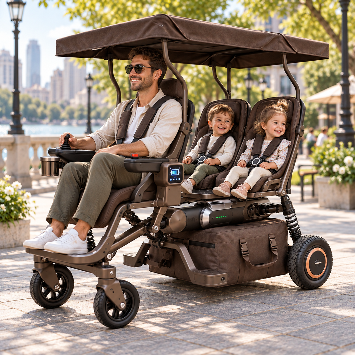 👨‍👧‍👦⚡ 3-Seat Foldable Family Electric Stroller – 1 Adult Driver + 2 Rear Child Seats, Canopy & Electric Assist 🧳