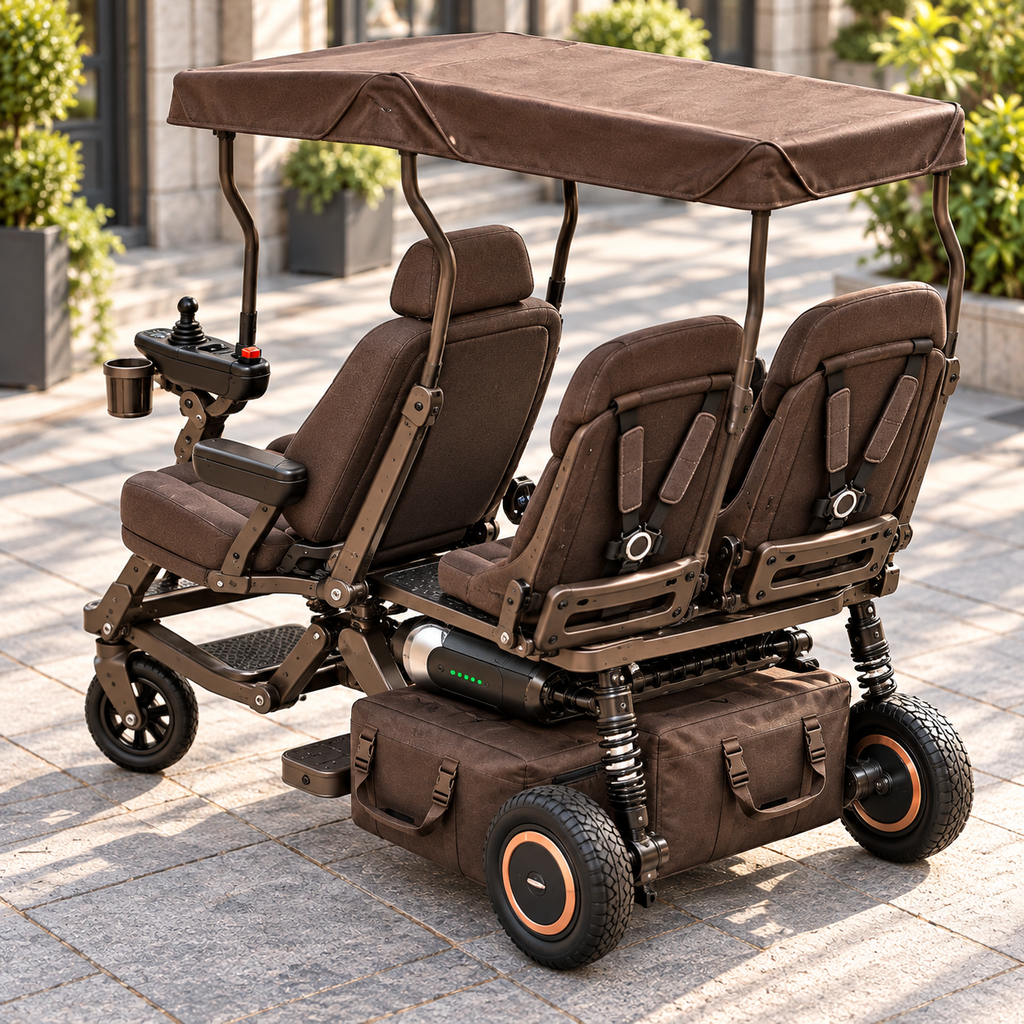 👨‍👧‍👦⚡ 3-Seat Foldable Family Electric Stroller – 1 Adult Driver + 2 Rear Child Seats, Canopy & Electric Assist 🧳