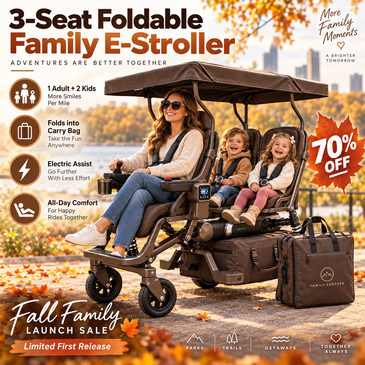 👨‍👧‍👦⚡ 3-Seat Foldable Family Electric Stroller – 1 Adult Driver + 2 Rear Child Seats, Canopy & Electric Assist 🧳