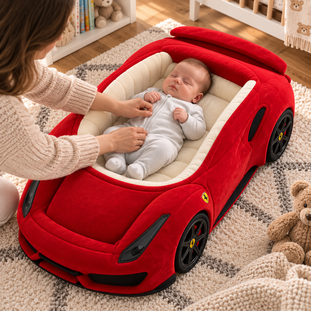 🏎️ Luxury Car-Shaped Baby Lounger Bed ✨ Plush Nursery Nest for Cozy Rest & Play
