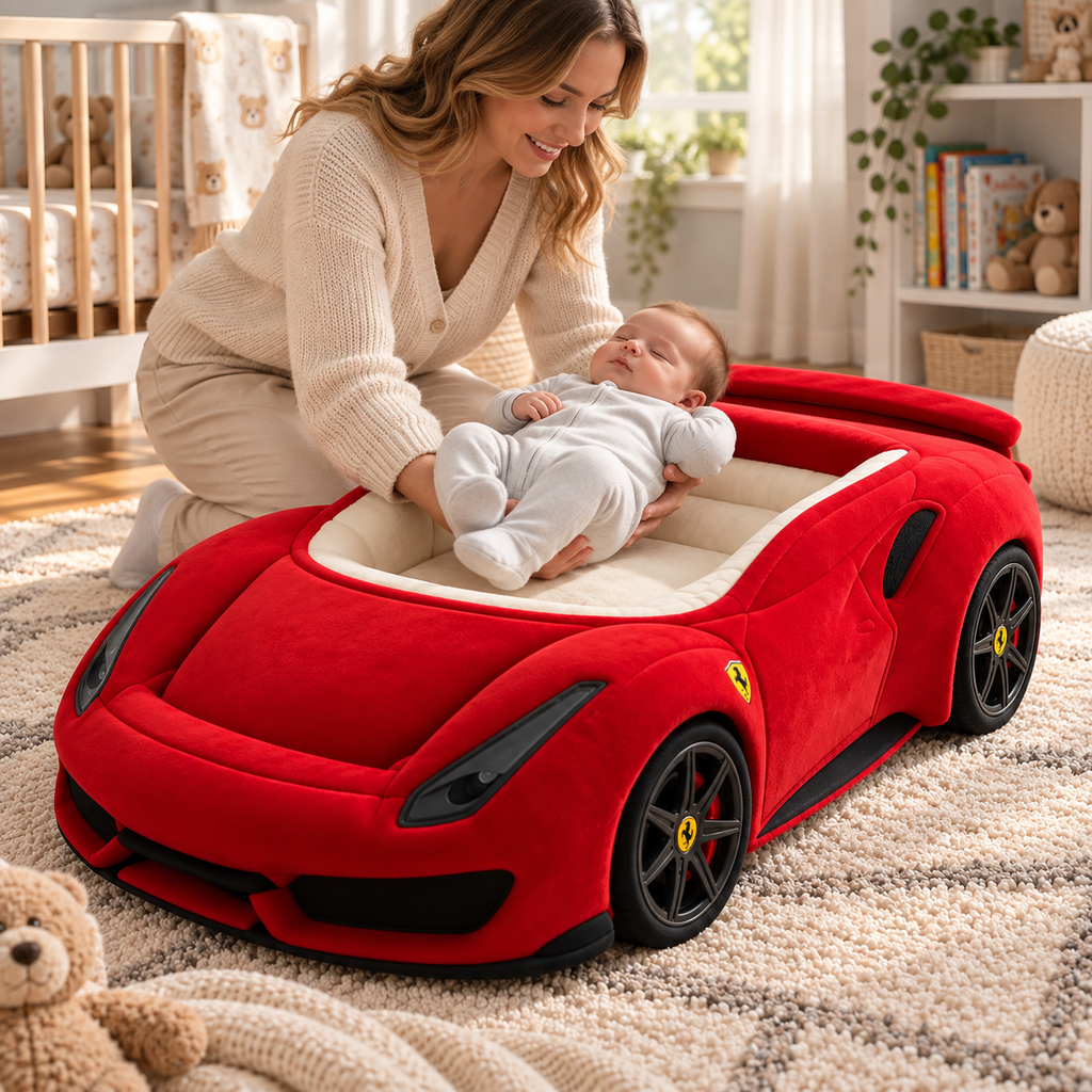 🏎️ Luxury Car-Shaped Baby Lounger Bed ✨ Plush Nursery Nest for Cozy Rest & Play
