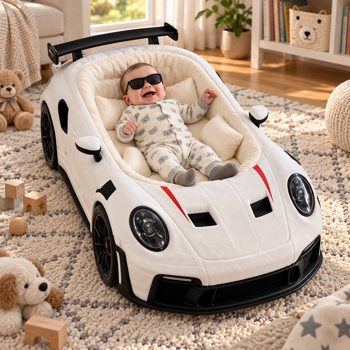 🏎️ Luxury Car-Shaped Baby Lounger Bed ✨ Plush Nursery Nest for Cozy Rest & Play