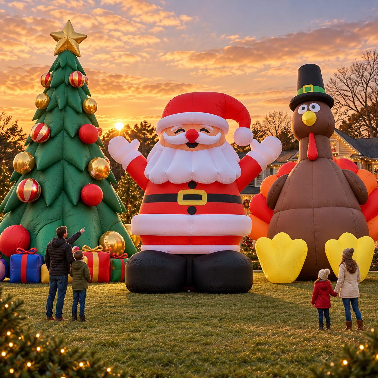 🎄🎅🦃 3-Piece Giant Holiday Inflatable Set – Christmas Tree, Santa & Thanksgiving Turkey