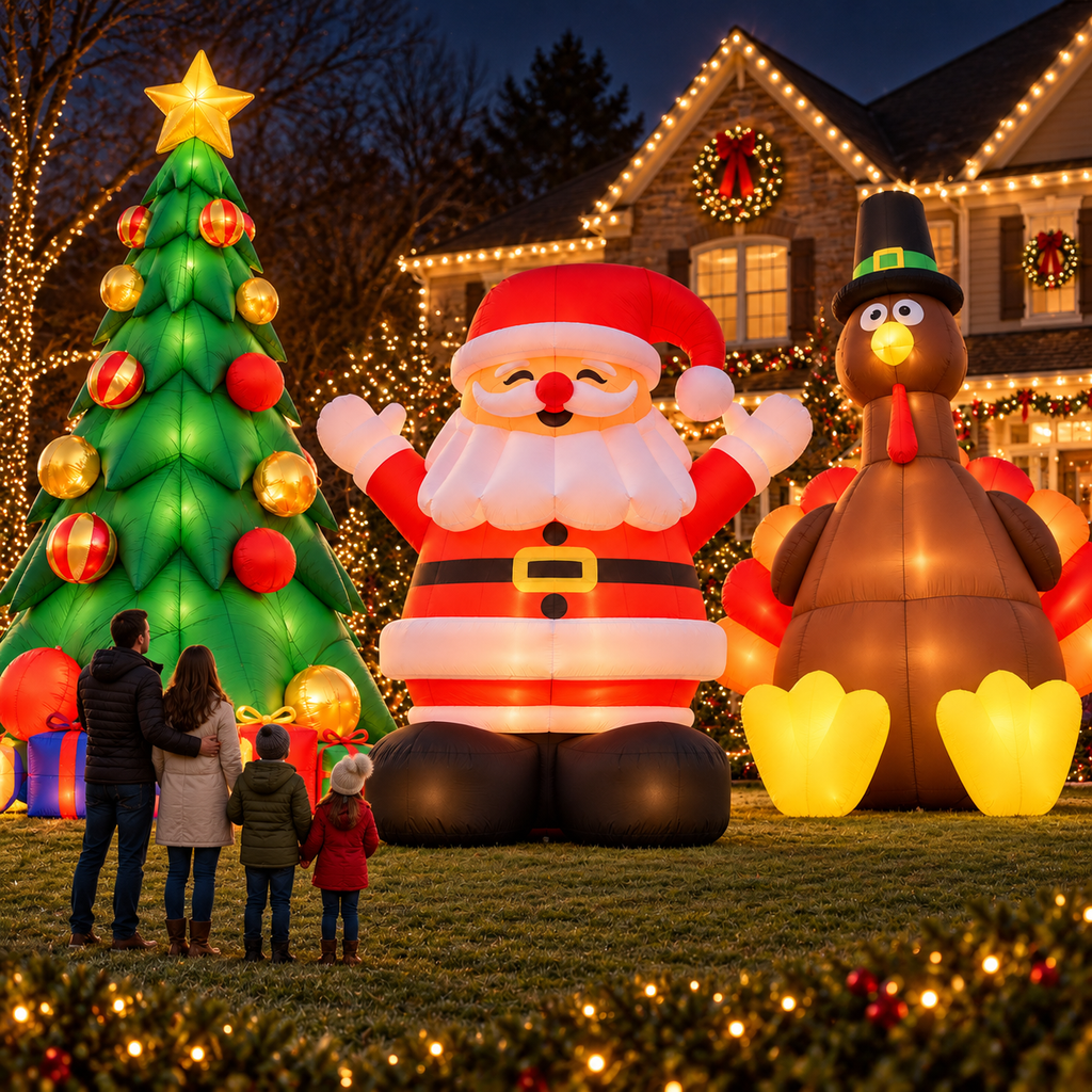 🎄🎅🦃 3-Piece Giant Holiday Inflatable Set – Christmas Tree, Santa & Thanksgiving Turkey