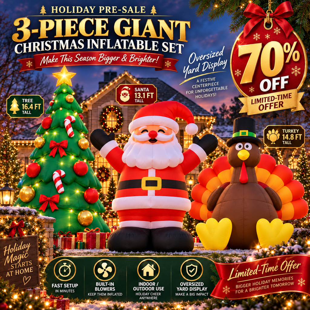 🎄🎅🦃 3-Piece Giant Holiday Inflatable Set – Christmas Tree, Santa & Thanksgiving Turkey