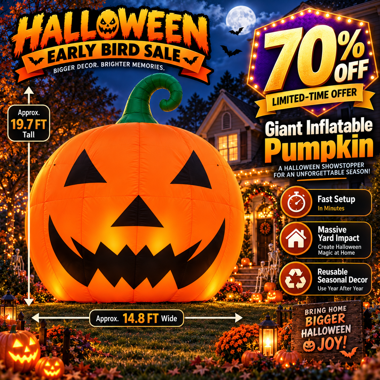 👻 19.7FT Giant Jack-O’-Lantern Inflatable – Oversized Halloween Yard Decoration🎃