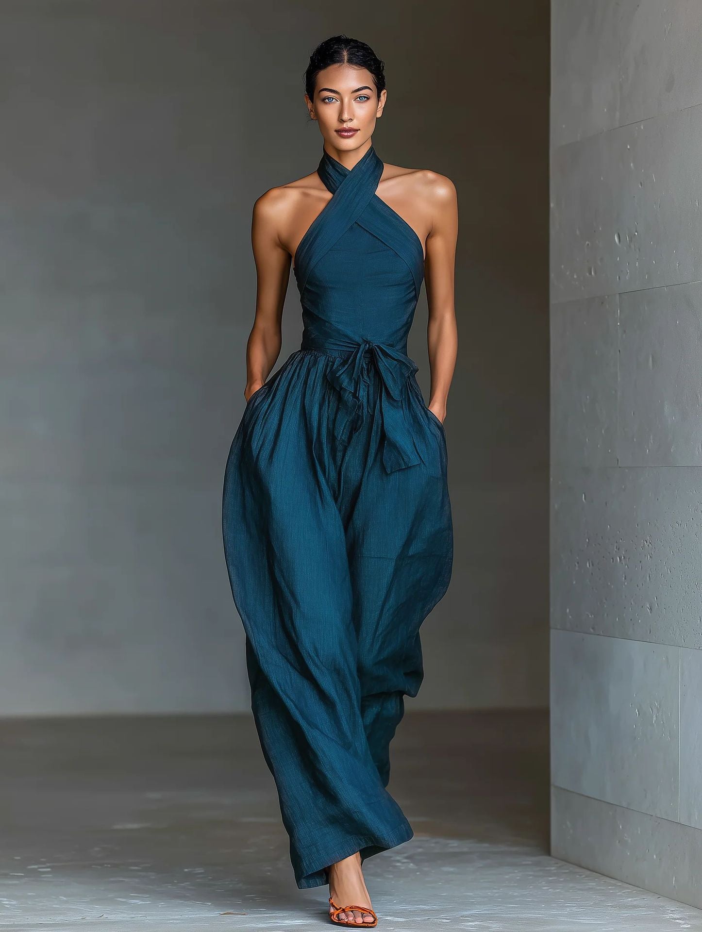 Calvique Halter Neck Linen-Blend Wide-Leg Jumpsuit