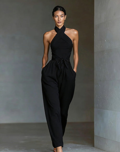 Calvique Halter Neck Linen-Blend Wide-Leg Jumpsuit
