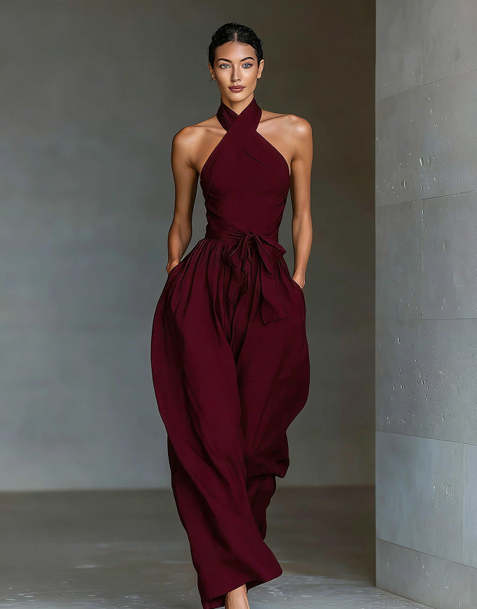 Calvique Halter Neck Linen-Blend Wide-Leg Jumpsuit