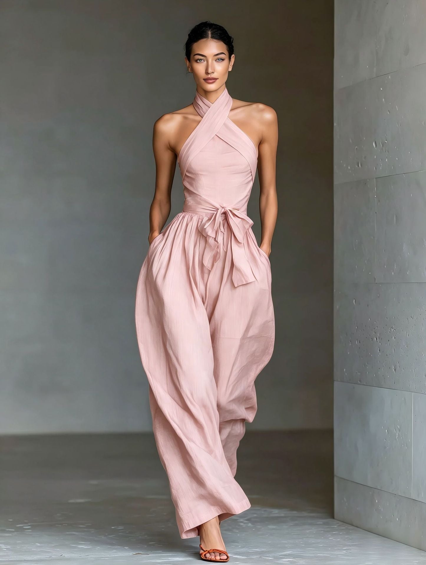 Calvique Halter Neck Linen-Blend Wide-Leg Jumpsuit